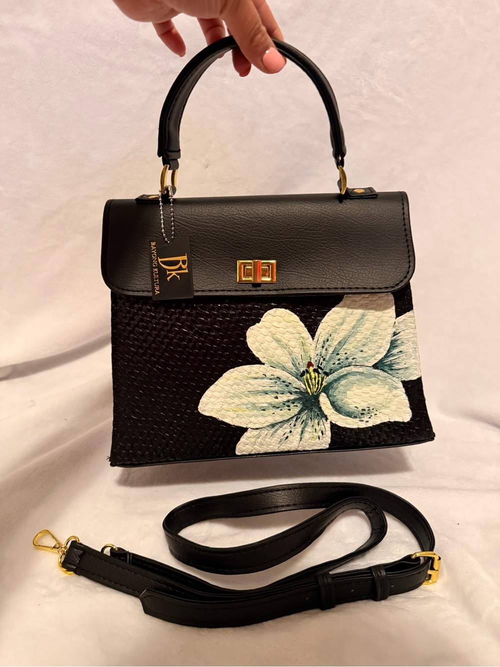 BK Black Floral-Accent Top Handle Satchel